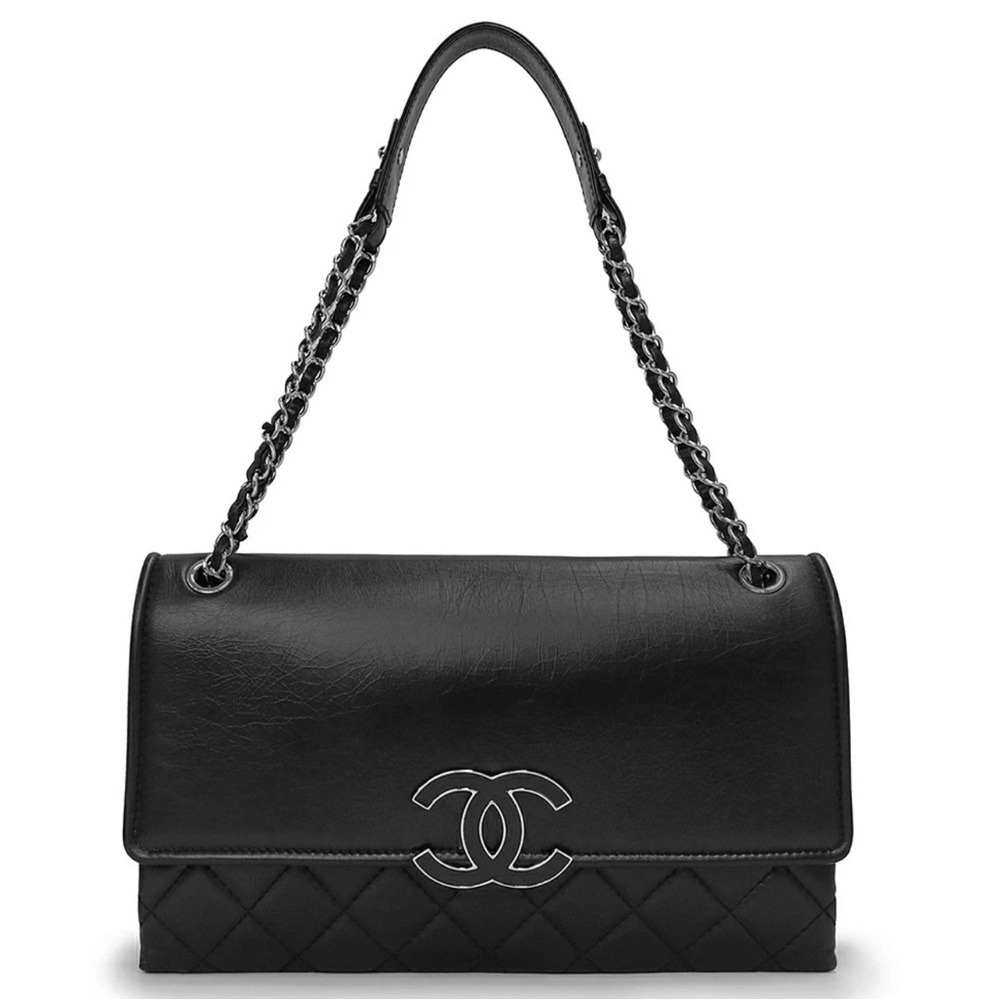 Chanel Black Leather Shoulder Bag with Silver Accents